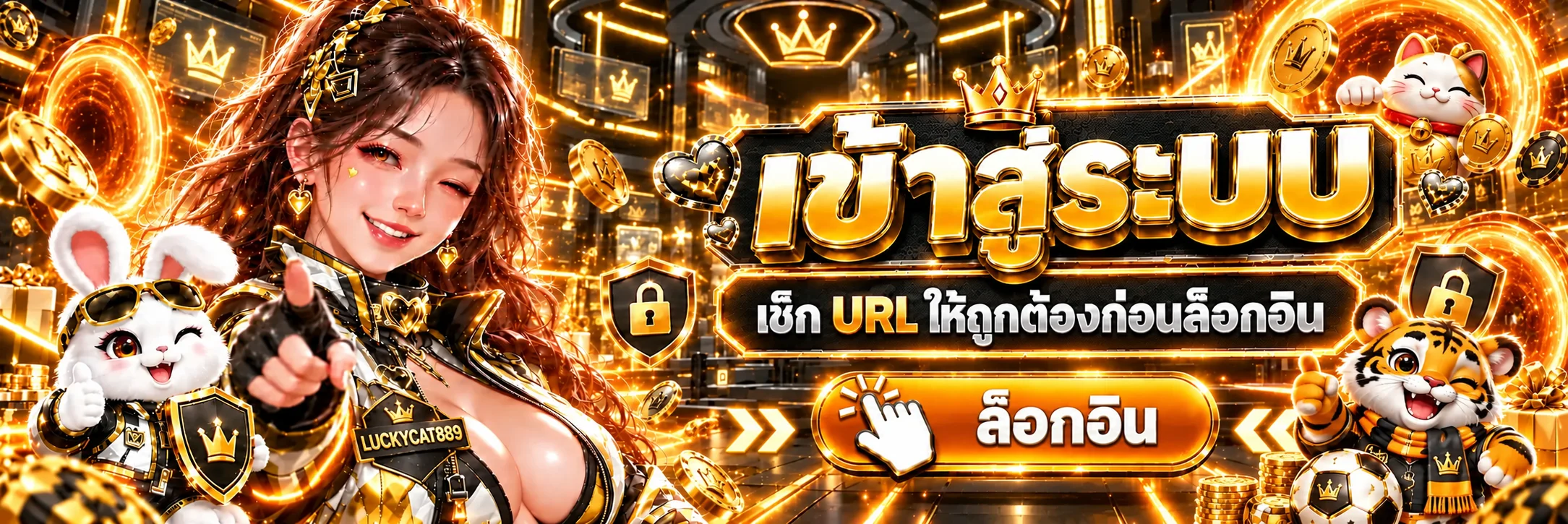 หน้าเข้าสู่ระบบ LUCKYCAT889 พร้อมข้อความตรวจ URL ก่อนล็อกอิน